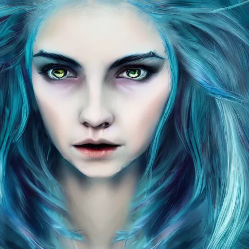 Prompt: The dragon girl portrait, portrait of young girl half dragon half human, dragon girl, dragon skin, dragon eyes, dragon crown, blue hair, long hair, highly detailed, cinematic lighting, by Sofia Coppola