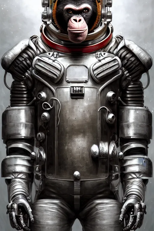 Image similar to a portrait of a muscular anthropomorphic cyberpunk chimp in spacesuit armor with ensignia on chest plate by sandra chevrier, by jon foster, detailed render, post - processing, extremely hyperdetailed, intricate, epic composition, cybernetics, 4 k realistic, cryengine, realistic shaded lighting, sharp focus, masterpiece, by enki bilal