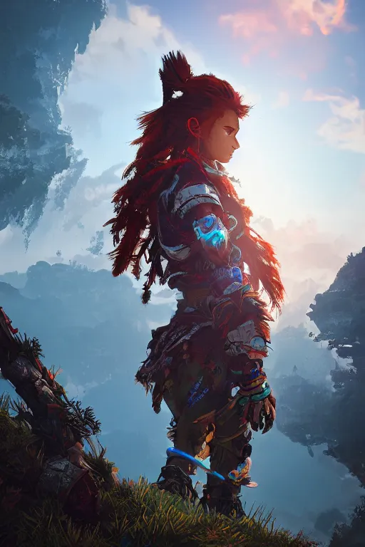 Image similar to combination suit armor aloy horizon forbidden west horizon zero dawn radiating a glowing aura global illumination ray tracing hdr fanart arstation by ian pesty and alena aenami artworks in 4 k tribal robot ninja mask helmet backpack