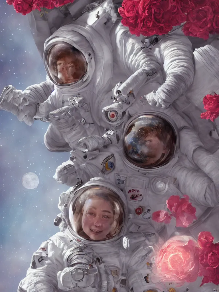 Prompt: portrait of a young astronaut in a dreamy sea of roses on the moon, cgsociety, high resolution, highly detailed, trending on art - station