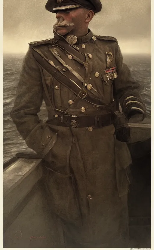 Prompt: Portrait of a WWI captain on the deck of a ship, male, detailed face, 20th century, highly detailed, cinematic lighting, digital art painting by greg rutkowski