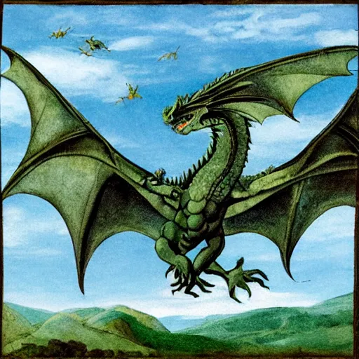Prompt: Dragon flying above a green field in style of Michelangelo