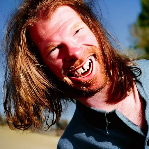 Prompt: Aphex Twin smiling, sunny day, award winning photo,