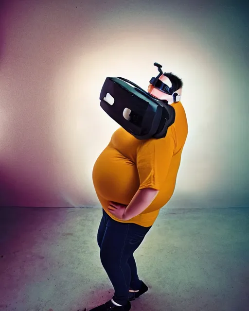 Prompt: Studio Photograph of a real life Super morbidly obese 800 pound American teenager Fat Albert wearing VR goggles in the Style of Annie Leibovitz,