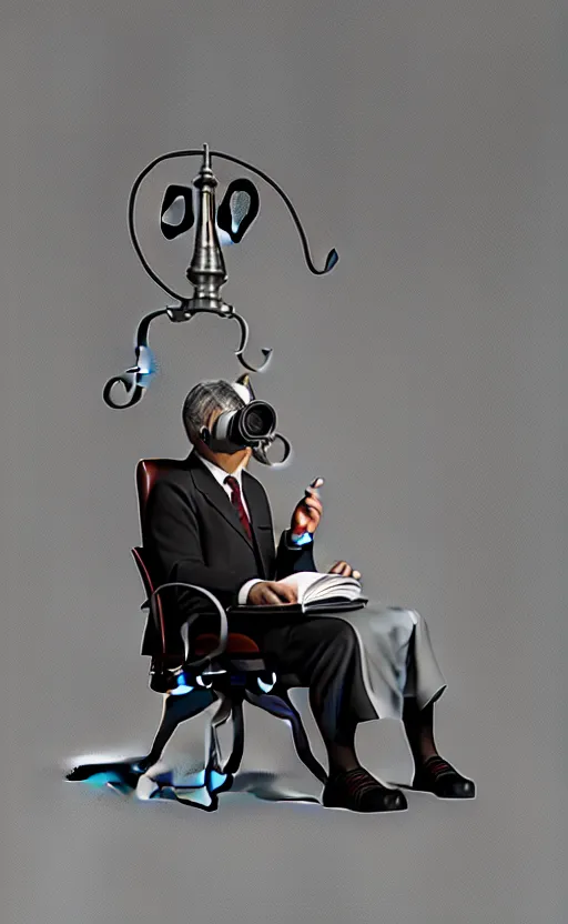 Image similar to old, man, work, vintage suit, sittin, chair, book, gasmask, do, what, we, can, then, leave, it, to, god, non fiction, stability, intricate, elegant, 8 k, uhd, justify, artstation, concept art, matte, sharp focus, illustration, consistent, one object content, proportional content