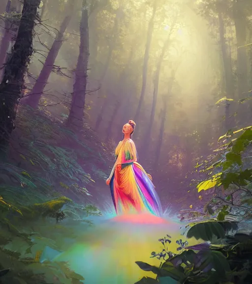 Prompt: highly detailed portrait of women wearing rainbow gown in middle of colorful forest in gta v, stephen bliss, unreal engine, fantasy art by greg rutkowski, loish, rhads, ferdinand knab, makoto shinkai and lois van baarle, ilya kuvshinov, rossdraws, tom bagshaw, global illumination, radiant light, detailed and intricate environment