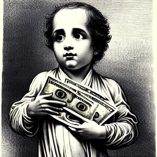 Image similar to baby smoove holding stacks of cash, biblical image, style of gustave dore, highly detailed, beautiful, high contrast, black and white