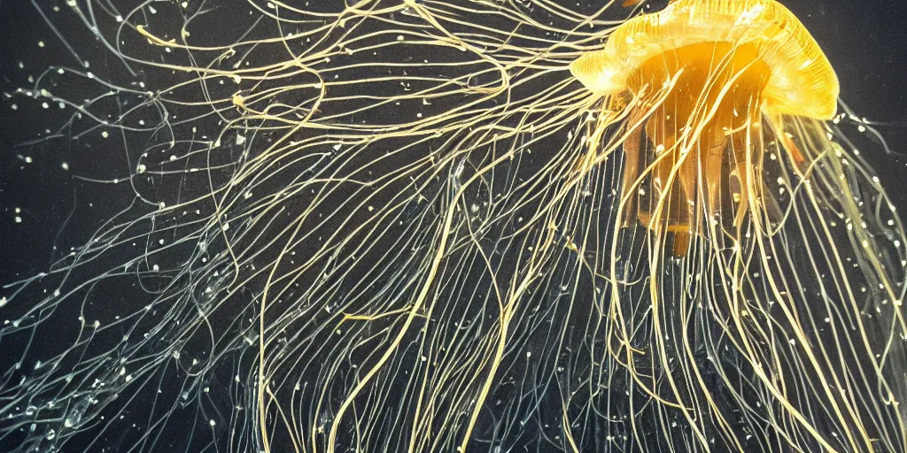 Prompt: a highly detailed underwater jellyfish with fiber optics as tentacles electrically shocking the water creating subtle waves and microscopic explosions