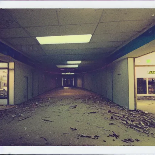 Prompt: polaroid photo of an abandoned mall at night, flash photography