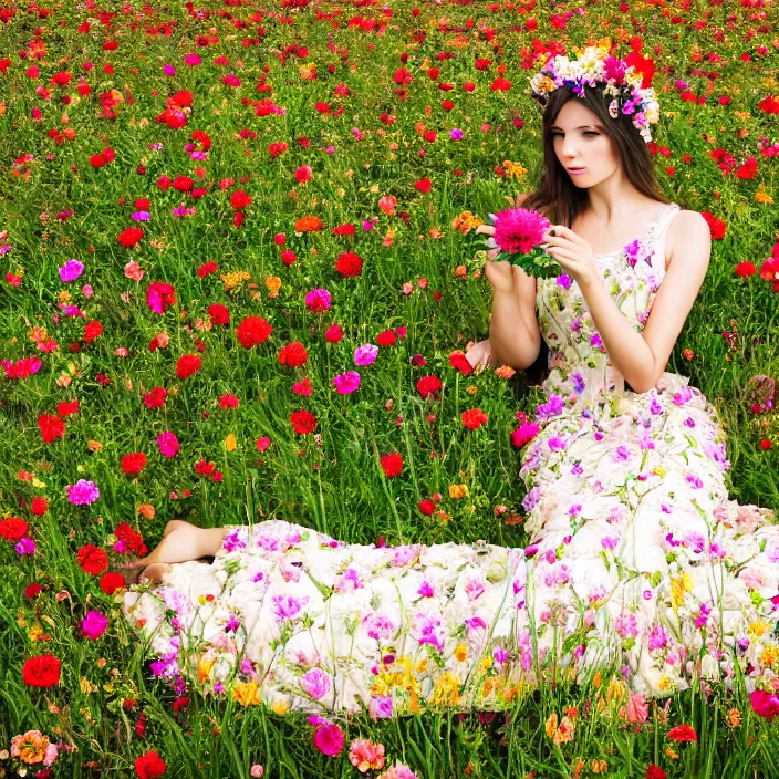 Image similar to photograph of a real-life beautiful flower goddess with ornate dress sat in a flower field. Extremely detailed. 8k