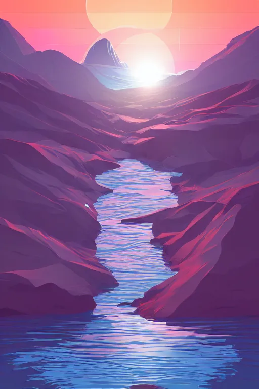 Image similar to sunrise mountain water vector illustration concept art digital art by james gilleard trending on artstation