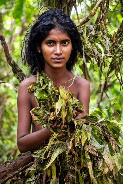 Image similar to a professional photo of a sri lankan jungle girl, black hair, gatherer, covered in leaves, extremely high fidelity. key light.