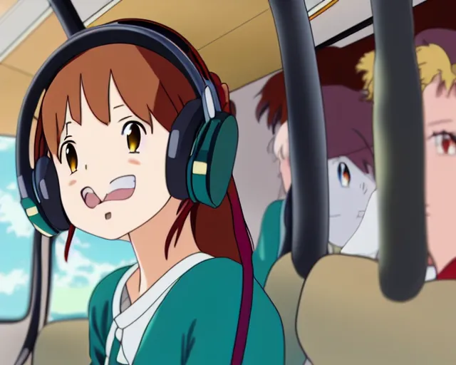 Image similar to anime fine details portrait of joyful girl in headphones in school bus, bokeh. anime masterpiece by Studio Ghibli. 8k render, sharp high quality anime illustration in style of Ghibli, artstation