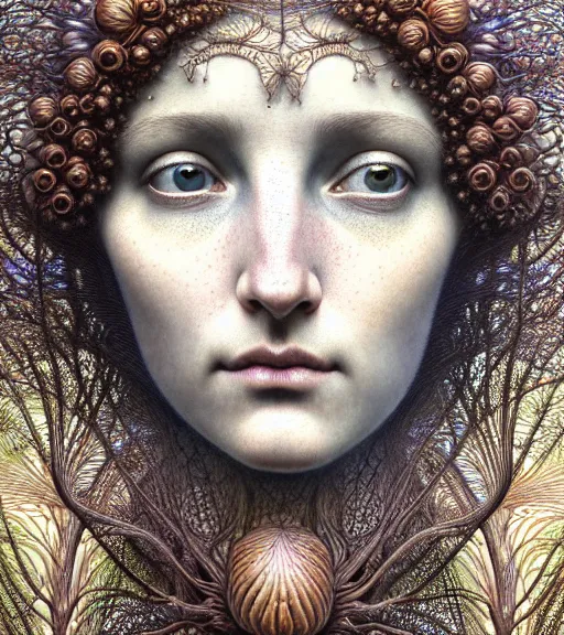 Prompt: detailed realistic beautiful autumn goddess face portrait by jean delville, gustave dore, iris van herpen and marco mazzoni, art forms of nature by ernst haeckel, art nouveau, symbolist, visionary, gothic, neo - gothic, pre - raphaelite, fractal lace, intricate alien botanicals, ai biodiversity, surreality, hyperdetailed ultrasharp octane render