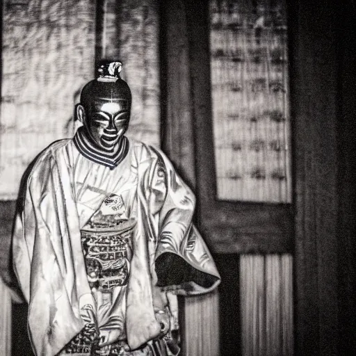 Prompt: photograph of a haunted noh theater, creepy, dark, foreboding, candlelight