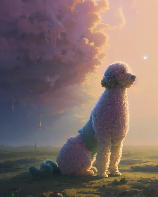 Image similar to highly detailed surreal vfx portrait of a sacred poodle, stephen bliss, unreal engine, greg rutkowski, loish, rhads, beeple, makoto shinkai and lois van baarle, ilya kuvshinov, rossdraws, tom bagshaw, alphonse mucha, global illumination, detailed and intricate environment