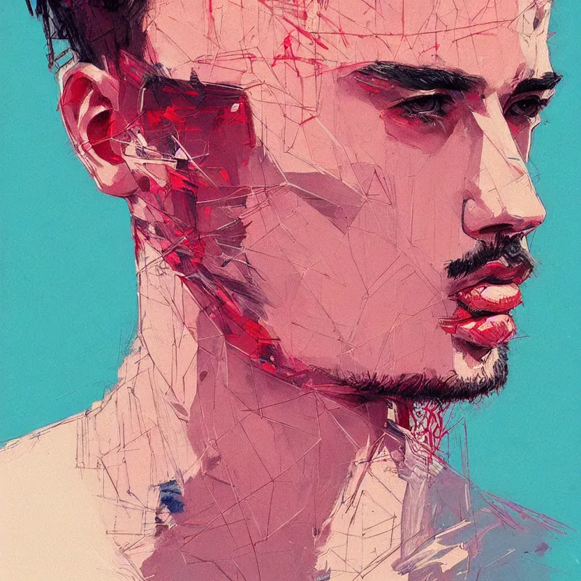 Image similar to close up portrait painting of a male in nineties street styling, concept art, intricate details, aesthetically pleasing pastel colors, art by conrad roset, impressionism, portrait