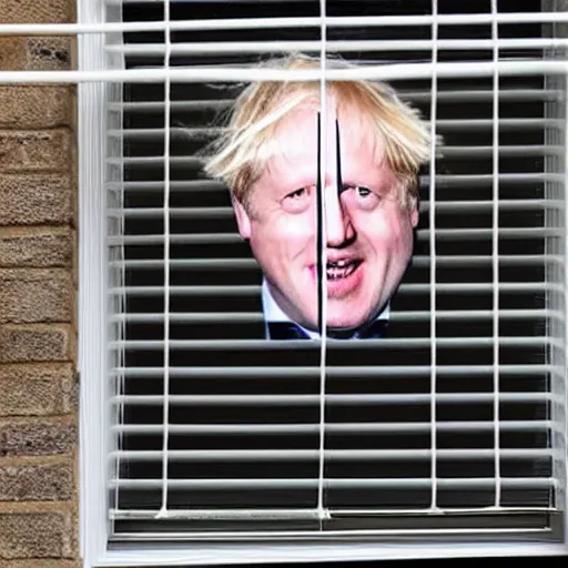 Prompt: window blinds in a house being pulled back to reveal a terrifying boris johnson with his face pressed against the window with his hand on the window and a horrifying grin. horror, black and white