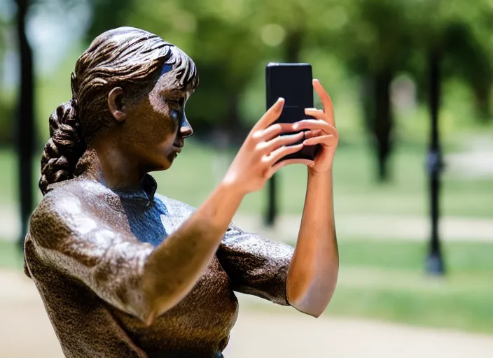 Image similar to photo still of a bronze statue of a woman using an iphone to take a selfie in a park on a bright sunny day, 8 k 8 5 mm f 1 6