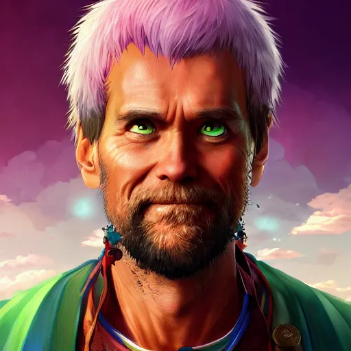 Image similar to portrait of jim carrey the geomancer, anime fantasy illustration by tomoyuki yamasaki, kyoto studio, madhouse, ufotable, square enix, cinematic lighting, trending on artstation