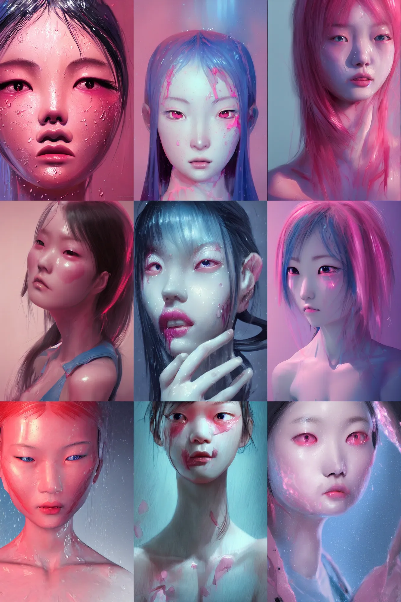 Prompt: 3d dark infrared octane render concept art by D. Jun, by Mo Xiang Tong Xiu, by Igarashi Daisuke, beauty portrait anime schoolgirls under dark pink and blue tones. cute face. wet skin. dispersion. mirror. dramatic light, trending on artstation, oil painting.