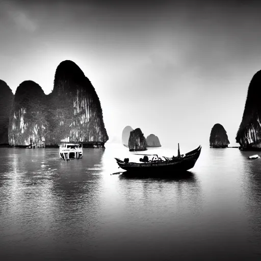 Prompt: old black and white photo of the Junk boats of Halong bay, ancient artifact, foggy, surreal, photorealistic