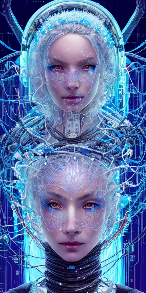 Image similar to high quality, high detailed portrait of a snow queen cyberpunk character in a futuristic world, hyperrealism, intricate details, cables, wires, connectors, led. tristan eaton, victo ngai, artgerm, rhads, ross draws, alphonse mucha, pastel colors, vintage, artstation, vector. 8 k