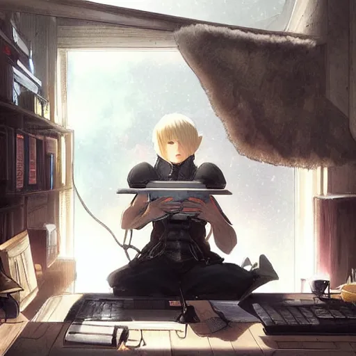 Prompt: a blonde miqo'te sitting in front of a computer wearing headphones, final fantasy xiv, in the style of greg rutkowski, fantasy, amazing detail, epic, elegant, smooth, sharp focus