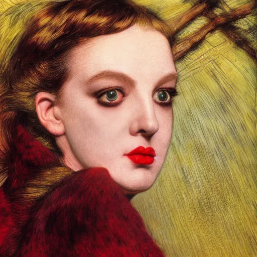 Image similar to portrait of a hybrid of judy garland and lady gaga, marfan syndrome, full lips, downward slanting eyes, with a brown fringe, holman hunt, john william waterhouse, kilian eng, rosetti, john everett millais, william holman hunt, 4 k