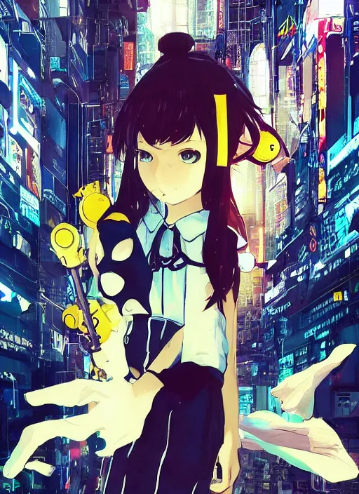 Image similar to JRPG game poster, luxury advertisement, yellow filter. Clean and detailed post-cyberpunk sci-fi close-up schoolgirl in asian city in style of cytus and deemo, blue flame, relaxing, calm and mysterious vibes, by Tsutomu Nihei, by Yoshitoshi ABe, by Ilya Kuvshinov, by Greg Tocchini, nier:automata, set in half-life 2, Matrix, GITS, Blade Runner, Neotokyo Source, Syndicate(2012), dynamic composition, beautiful with eerie vibes, very inspirational, very stylish, with gradients, surrealistic, dystopia, postapocalyptic vibes, depth of field, mist, rich cinematic atmosphere, perfect digital art, mystical journey in strange world, beautiful dramatic dark moody tones and studio lighting, shadows, bastion game, arthouse