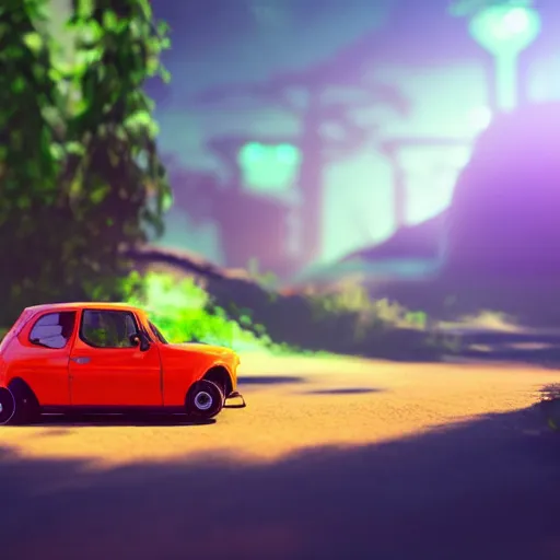 Prompt: tiny cars, phone time machine, bioluminescence, vegetation, colorful, rim light, highly detailed, tilt shift, digital painting, concept art, smooth, sharp focus, pleasing aesthetics, 3 d render, octane render, disney pixar, 4 k