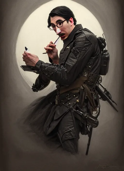 Image similar to a portrait of john oliver clutching a portrait of adam driver, military uniform, fantasy, intricate, elegant, beautiful, highly detailed, charcoal, centered, dark, smokey, digital painting, artstation, concept art, smooth, sharp focus, illustration, art by artgerm and greg rutkowski and alphonse mucha