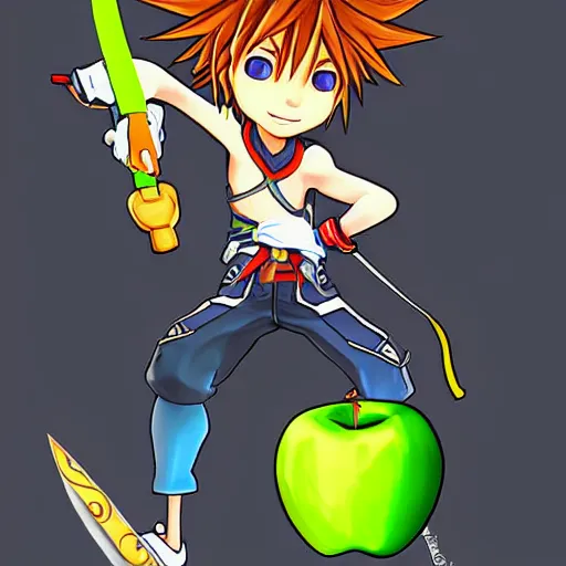 Prompt: Sora from Kingdom Hearts in an action pose wielding a Keyblade modeled after a granny smith apple while Sora stands on a white floor, digital art, hyper stylized