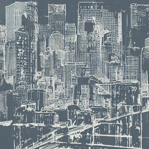 Prompt: double exposure serigraphy art depicting city