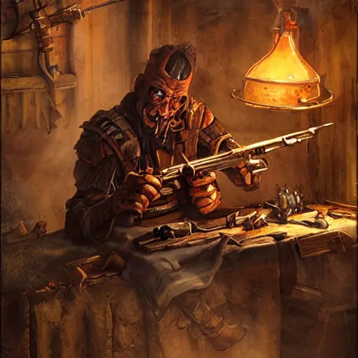 Prompt: goblin artificer tinkerer working on a makeshift rifle on a dusty workbench, cover of a Dungeons and Dragons book, art by Raymond Swanland