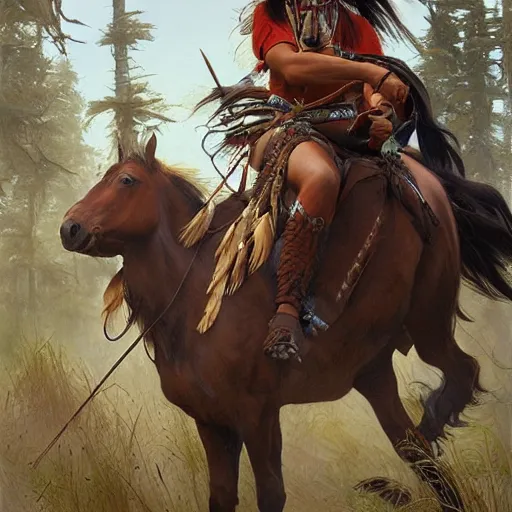 Prompt: native American on a horse during hunt, highly detailed, digital painting, cgsociety , concept art, sharp focus, illustration, art by artgerm and greg rutkowski and alphonse mucha