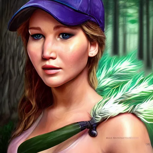 Image similar to a portrait of jennifer lawrence as a pokemon trainer, in a dark forest, extremely detailed digital art, trending on artstation hyper realistic matte painting, by wlop, art germ