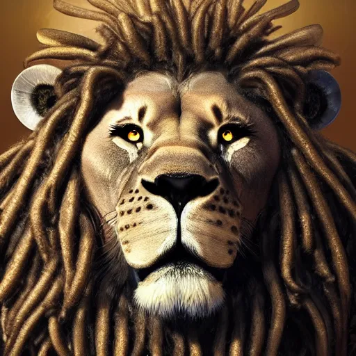 Image similar to an alien lion with dread locs wearing a crown, digital art, highly detailed face, fantasy, epic, ultra quality, cinematic lighting