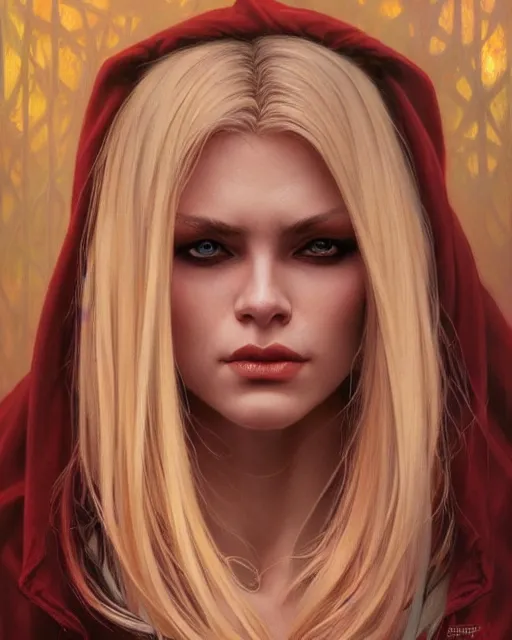 Image similar to portrait of a blonde vampire, dark, piercing eyes, gentle expression, elegant clothing, photorealistic, highly detailed, artstation, smooth, sharp focus, art by michael whelan, artgerm, greg rutkowski and alphonse mucha