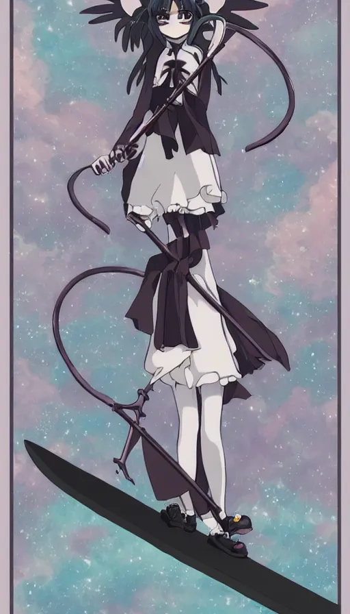 Image similar to the being death as a cute anime girl with a giant cute scythe from a studio ghibli film inspired by the death tarot card, dark ambiance