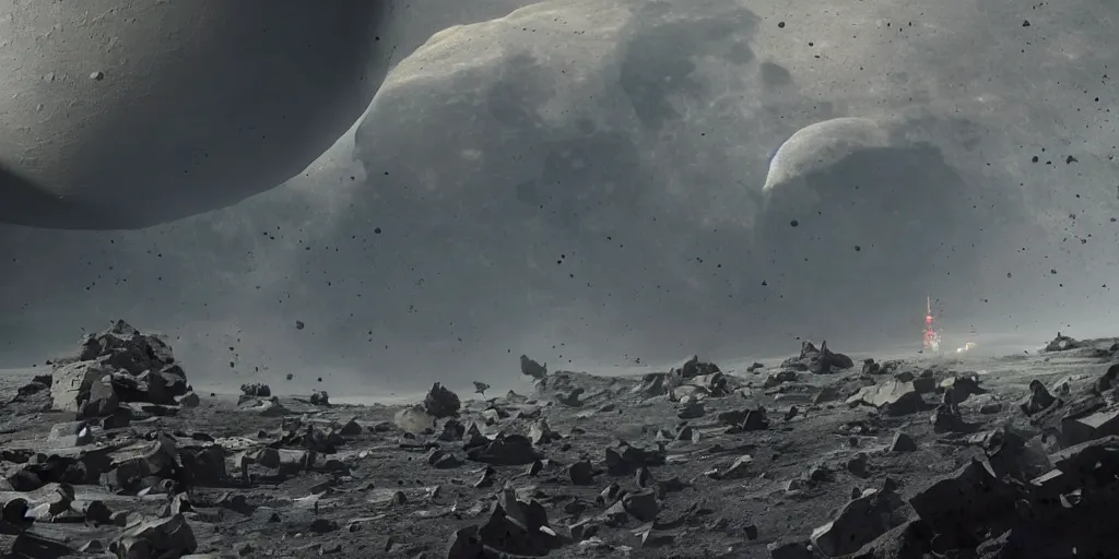 Image similar to huge asteroid impacting the moon, a lot of flying debris, greg rutkowski, 8 k, shallow depth of field, ultra high detail, concept art,