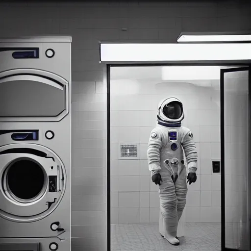 Image similar to a beautiful photo of an astronaut waiting in a laundromat, 1970', soft light, morning light, photorealistic, realistic, octane, 8k, cinematic shot