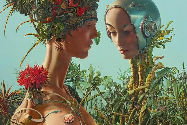 Image similar to evangelionic illustration, gigantic girl head, a lot of exotic vegetation, trees, tremendous pleasure robot, flowers, oldschool vintage sci - fi flat surreal design, super - detailed, oil painting by moebius, hd, 4 k, high quality