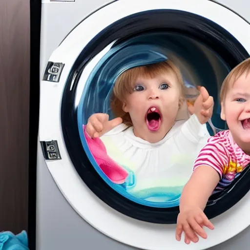 Prompt: Toddlers playing in a violently spinning washing machine