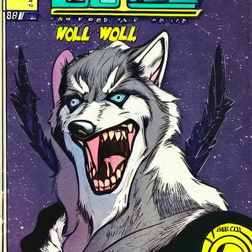 Image similar to 1 9 8 0 s comic book cover scan featuring a portrait of villain male wolf o'donnell anthropomorphic wolf furry fursona from starfox wearing a dark space mercenary uniform, dark grey wolf, handsome eyes, wolf o'donnell