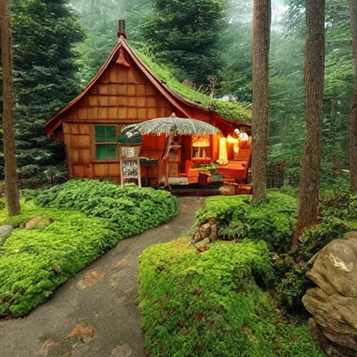 Image similar to Studio Ghibli cozy forest cottage