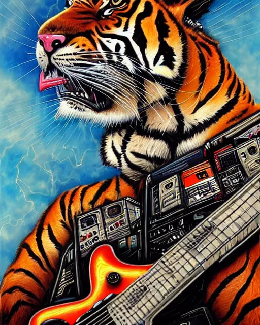 Prompt: a portrait of an anthropomorphic cyberpunk roaring tiger shredding an electric guitar as the guitar melts by sandra chevrier, by jon foster, detailed render, tape deck, epic composition, cybernetics, 4 k realistic, cryengine, realistic shaded lighting, sharp focus, masterpiece, by enki bilal