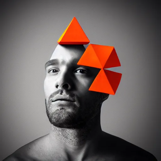 Prompt: man with a hexagonal bipyramid floating above their head, portrait, photorealistic, 4 k, studio lighting