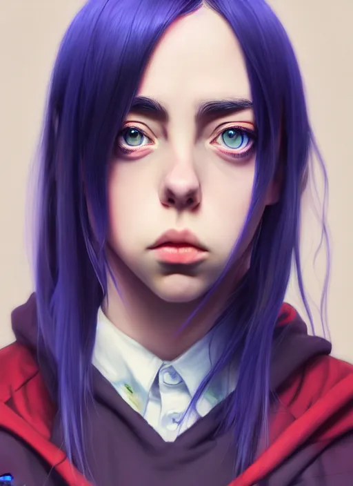 Image similar to a potrait of billie eilish as an anime, fine, realistic, shaded, lighting, ilya, kuvshinov, katsuhiro, artgerm, jeremy, lipkin, michael, garmash detailed digital art, radiant, light, detailed, intricate, environment