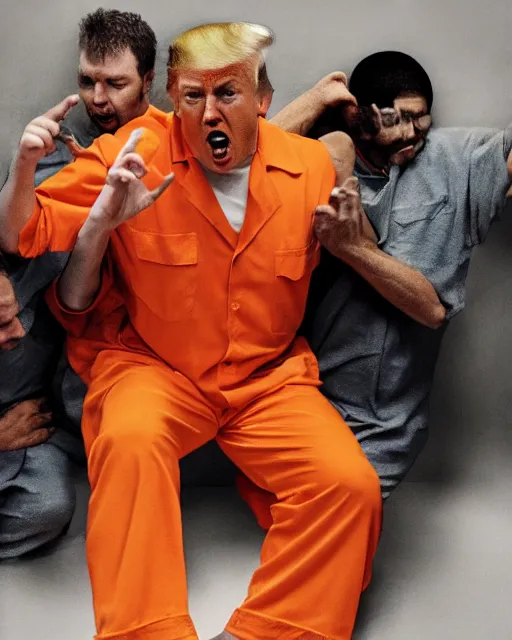 Prompt: Medium shot photo of eagles biting scared Donald Trump in prison jail wearing orange pajamas, octane, dramatic lighting, editorial photo, 35mm, very detailed